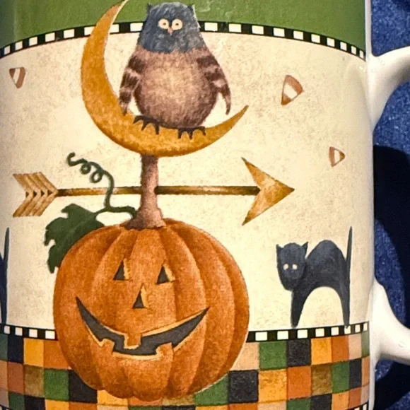 Pair of Halloween Mugs by Debbie Mumm  Owl, Crescent Moon, Frankenstein Oneida - Picture 3 of 15